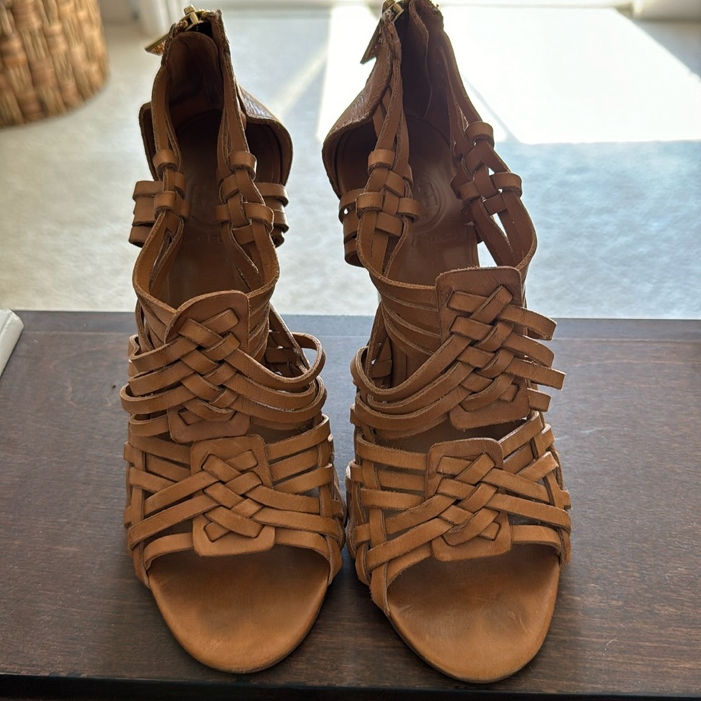 Tory Burch Tan Braided Wedge with Zipper Closure